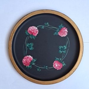 Vintage Small Handpainted Tin Tray Beautiful Pink Clover 🍀 with Golden Trim